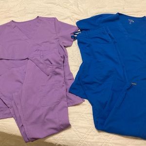 Sanibel Scrubs. Violet & Royal Blue. Tops are Large Bottoms are Medium.